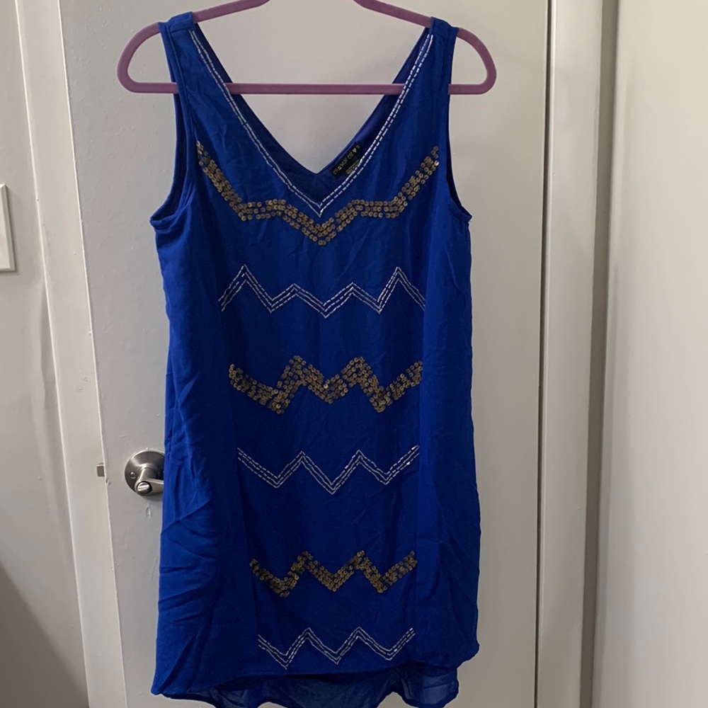 Royal blue, medium, semi high/low midi dress.